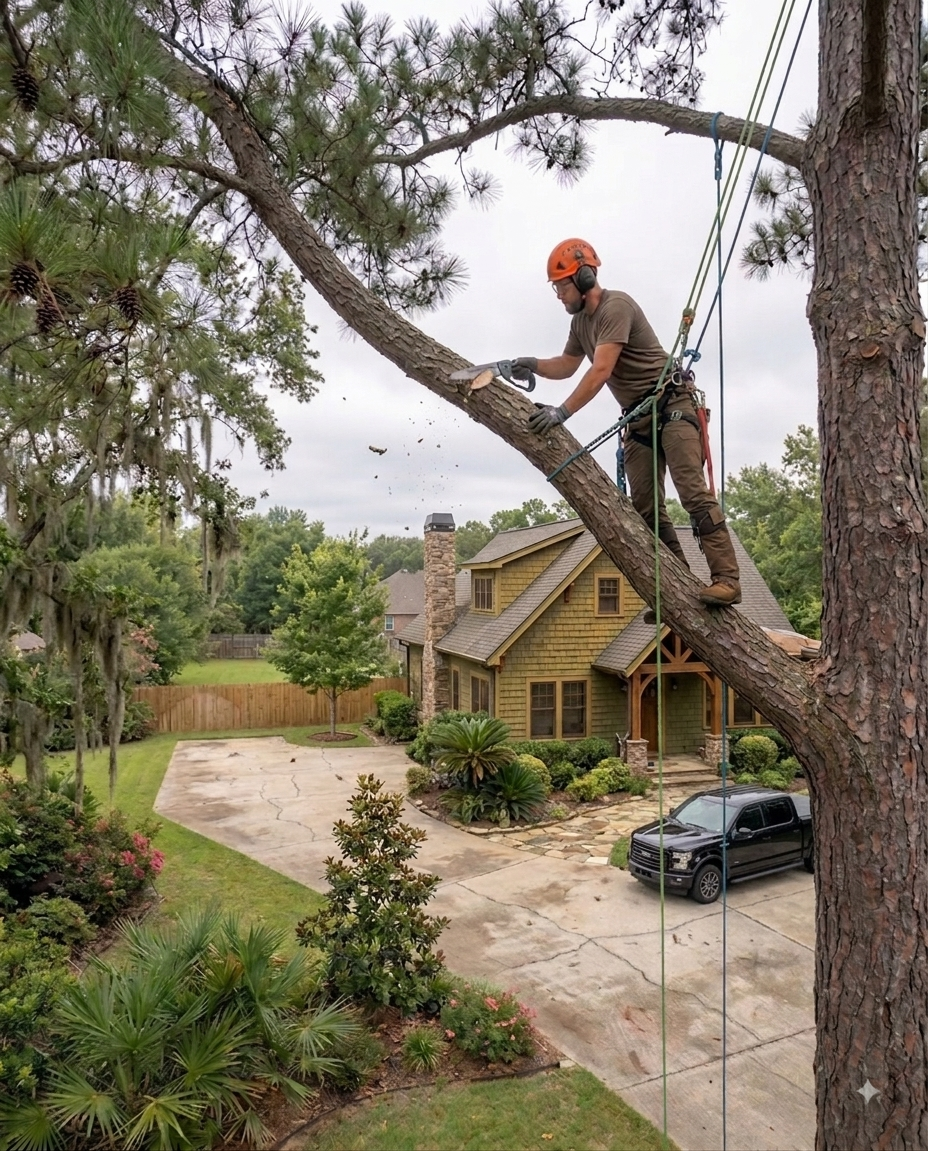 Professional arborist executing precise limb removal and canopy pruning in a residential yard