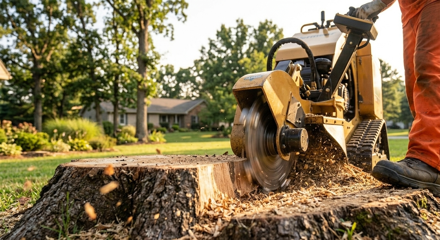 Commercial tracked stump grinder operating on a residential property in Mississippi