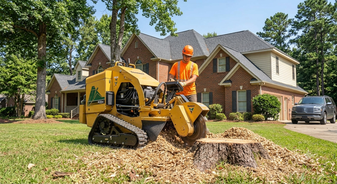 Stump grinding machine in action